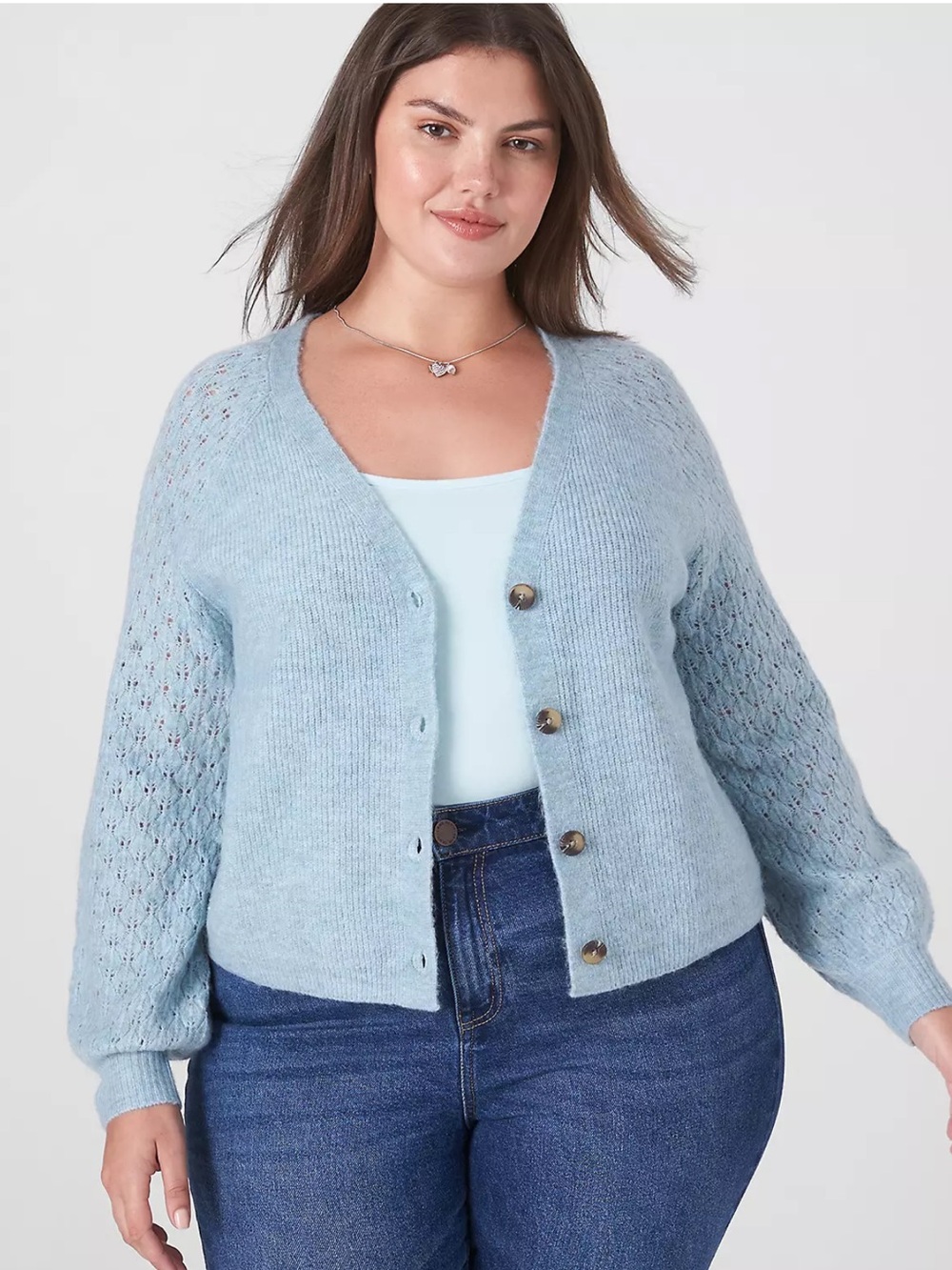 Lane Bryant Classic Long Sleeve Button Front Pointelle Sleeve Cardigan Sz 18/20
